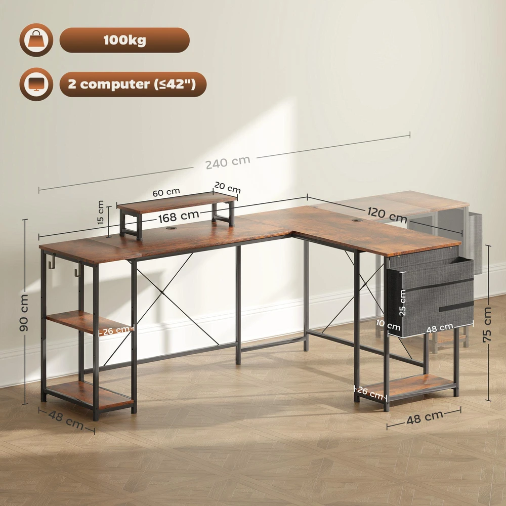 HOMCOM L-formos rašomasis stalas 168 x 120 cm kampinis stalas su lentynomis, krepšiu daiktams, reversinis kompiuterio stalas su monitoriaus stovu, žaidimų stalas biurui, namų biurui, kaimiška ruda spalva