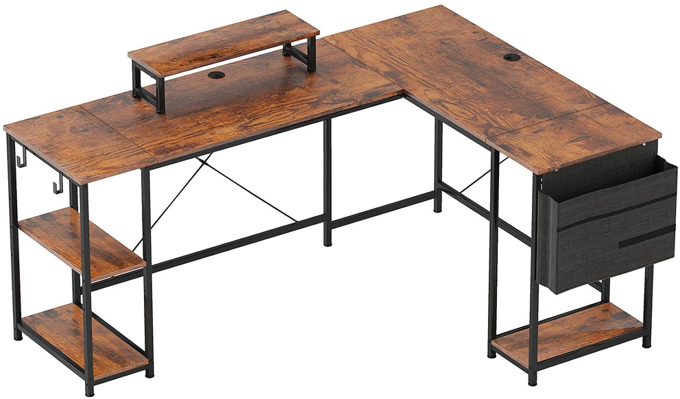 HOMCOM L-formos rašomasis stalas 168 x 120 cm kampinis stalas su lentynomis, krepšiu daiktams, reversinis kompiuterio stalas su monitoriaus stovu, žaidimų stalas biurui, namų biurui, kaimiška ruda spalva