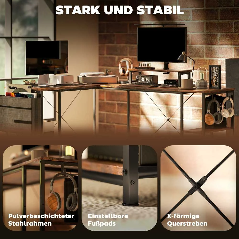 HOMCOM L-formos rašomasis stalas 168 x 120 cm kampinis stalas su lentynomis, krepšiu daiktams, reversinis kompiuterio stalas su monitoriaus stovu, žaidimų stalas biurui, namų biurui, kaimiška ruda spalva