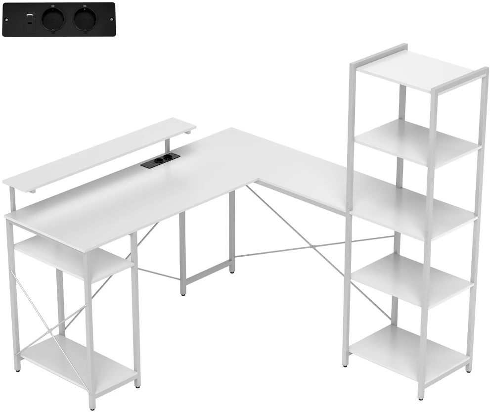 HOMCOM L formos žaidimų stalas su lentyna, kompiuterio stalas su monitoriaus stovu, elektros lizdu, USB įkrovimo prievadu, kampinis rašomasis stalas namų biurui, miegamajam, 137 x 140 x 139,5 cm, baltas