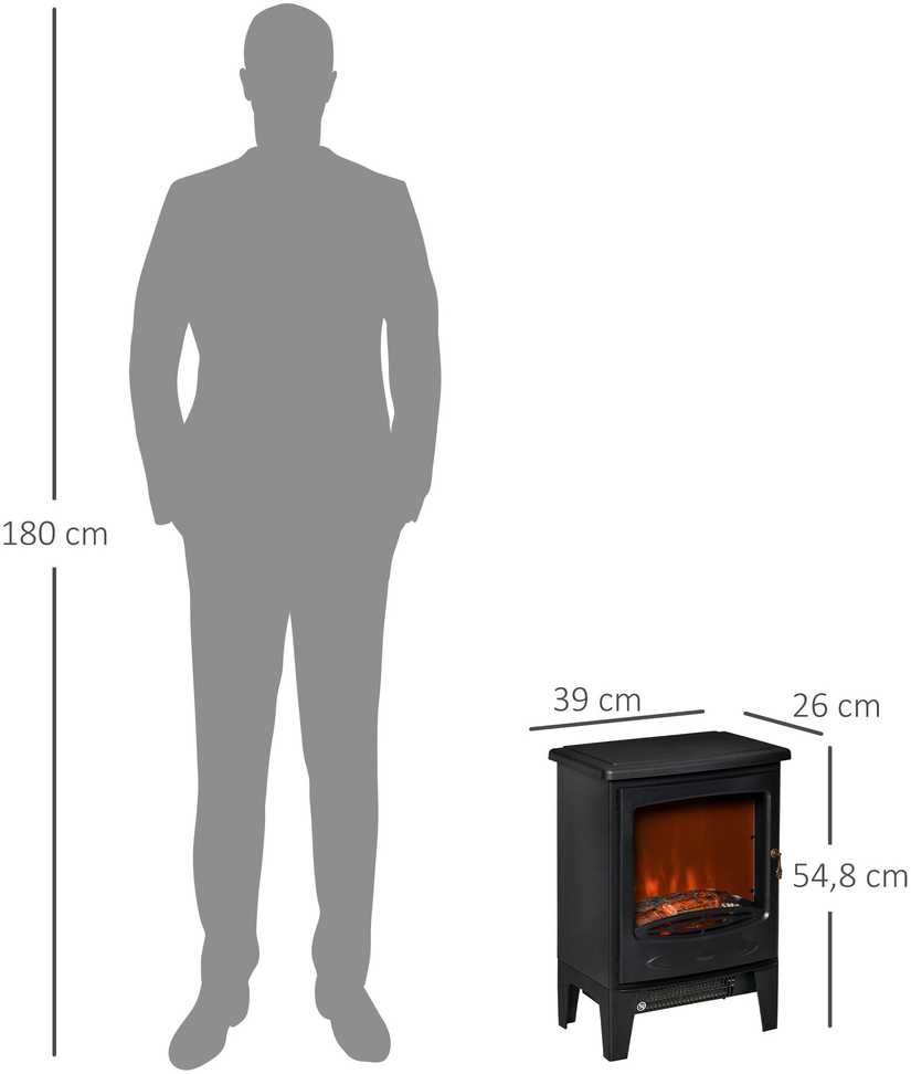 HOMCOM LED elektrinis pastatomas židinys su liepsnos efektu 900/1800W Juodas