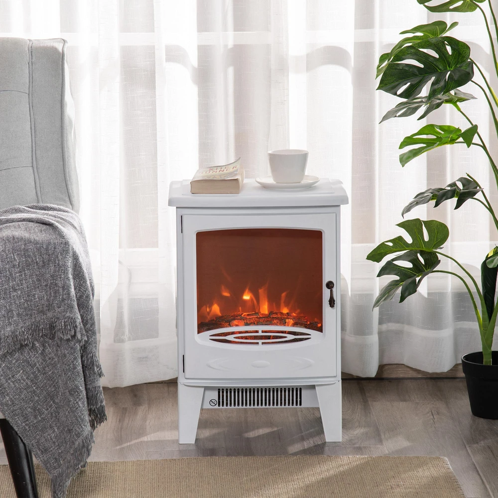 HOMCOM LED elektrinis židinys Stovintis židinys Krosnelė su liepsnos efektu 900/1800 W Metalas ABS plastikas Stiklas Balta 39 x 26 x 54,8 cm