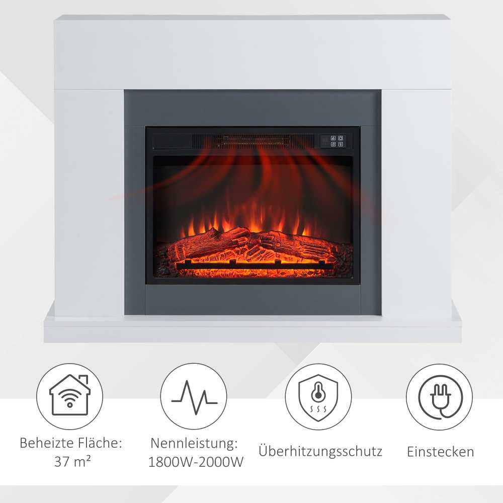 HOMCOM LED elektrinis židinys Stovintis židinys Krosnelė su liepsnos efektu 1800/2000W Vidaus šildymas Dekoratyvinis židinys MDF Baltas 113x26,6x87,5cm, suteikiantis jaukumo