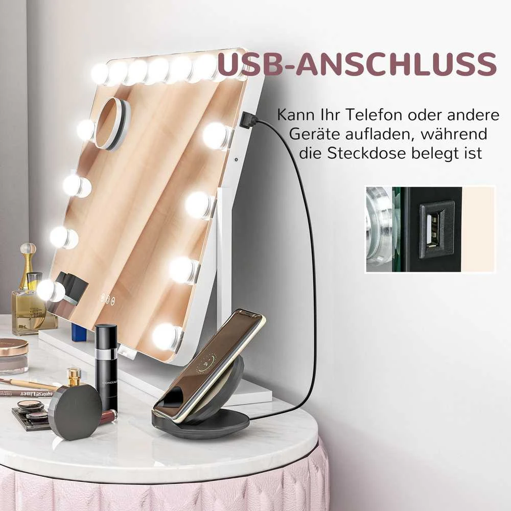 HOMCOM LED kosmetinis veidrodis, 3 šviesos režimai, reguliuojamas intensyvumas, jutiklinis valdymas, USB, 62,5 x 49,5 cm, baltas