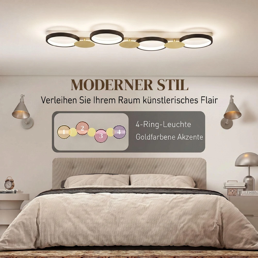 Pakabinamas šviestuvas HOMCOM LED lubinis šviestuvas, 38 W, 1500 LM, 3000 K–6500 K, svetainės lempa su 4 lemputėmis ir nuotolinio valdymo pulteliu, juoda ir auksinė spalva