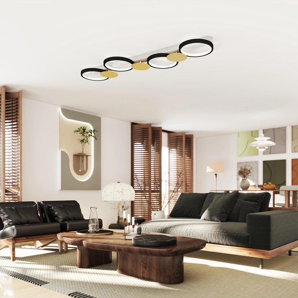 Pakabinamas šviestuvas HOMCOM LED lubinis šviestuvas, 38 W, 1500 LM, 3000 K–6500 K, svetainės lempa su 4 lemputėmis ir nuotolinio valdymo pulteliu, juoda ir auksinė spalva