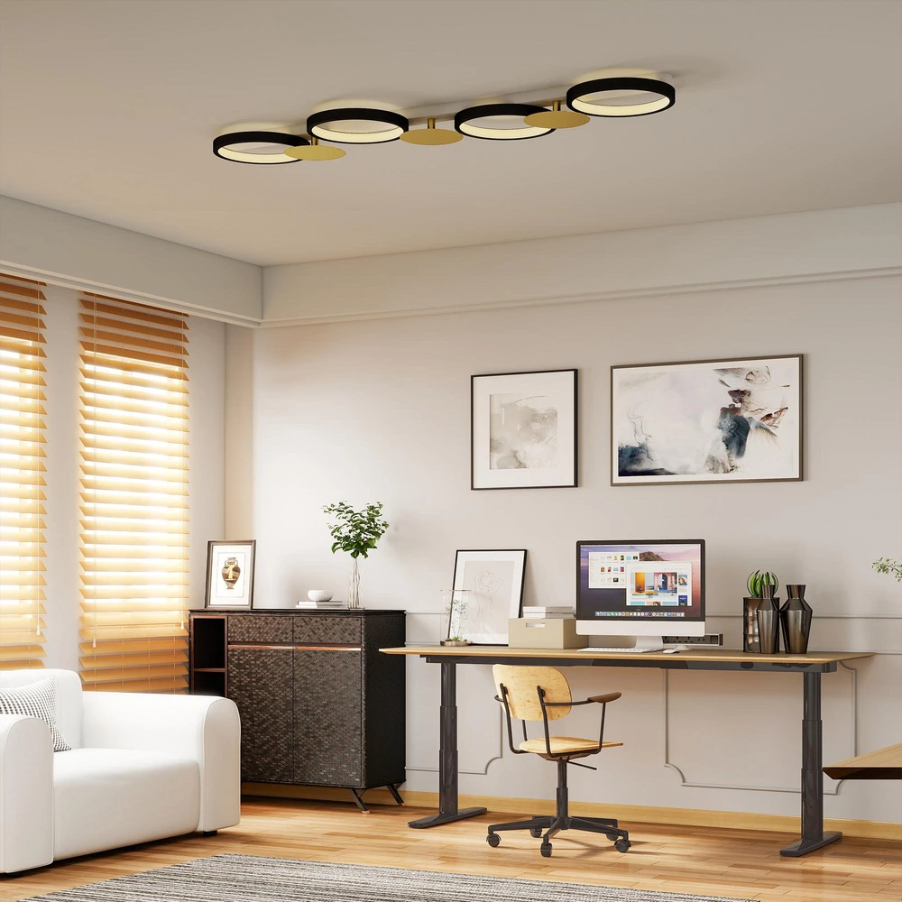 Pakabinamas šviestuvas HOMCOM LED lubinis šviestuvas, 38 W, 1500 LM, 3000 K–6500 K, svetainės lempa su 4 lemputėmis ir nuotolinio valdymo pulteliu, juoda ir auksinė spalva