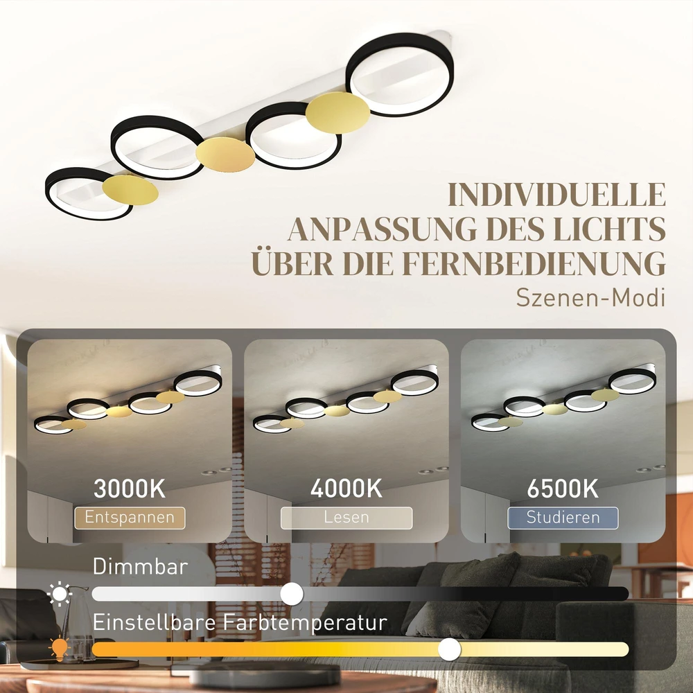 Pakabinamas šviestuvas HOMCOM LED lubinis šviestuvas, 38 W, 1500 LM, 3000 K–6500 K, svetainės lempa su 4 lemputėmis ir nuotolinio valdymo pulteliu, juoda ir auksinė spalva