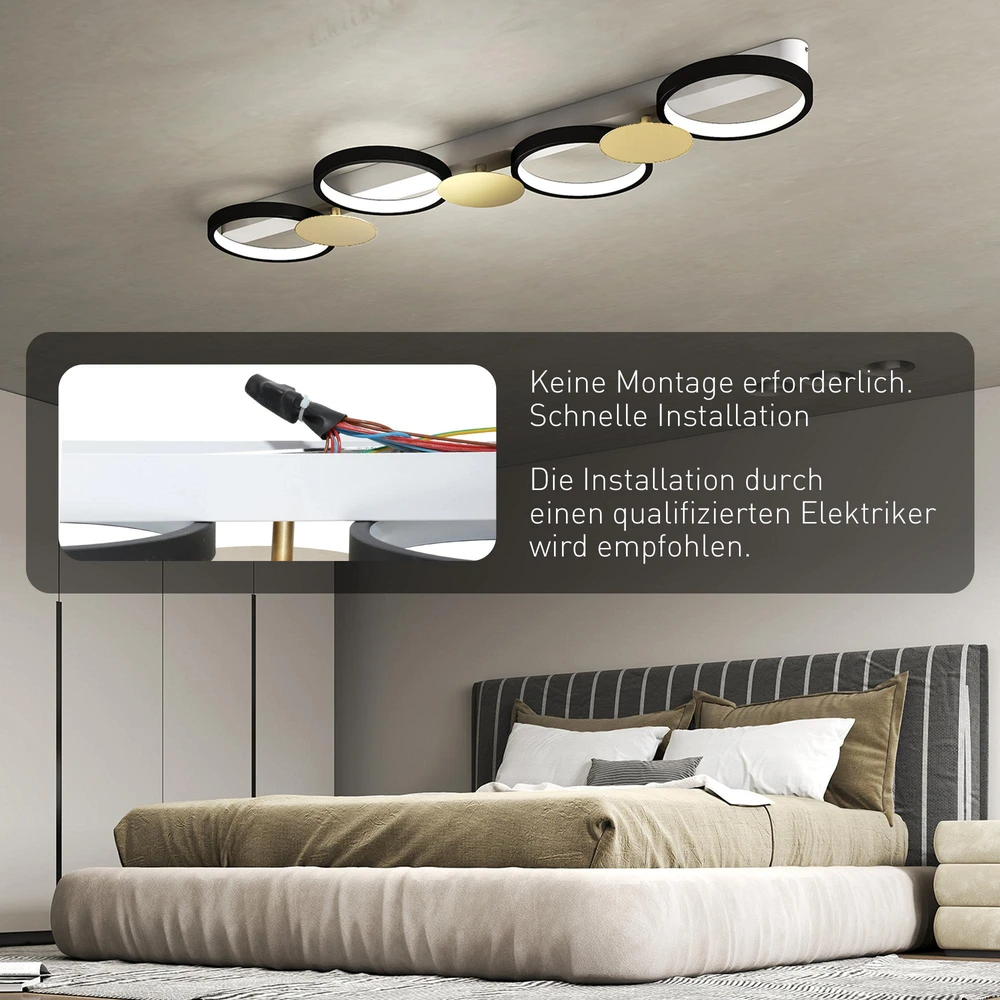 Pakabinamas šviestuvas HOMCOM LED lubinis šviestuvas, 38 W, 1500 LM, 3000 K–6500 K, svetainės lempa su 4 lemputėmis ir nuotolinio valdymo pulteliu, juoda ir auksinė spalva