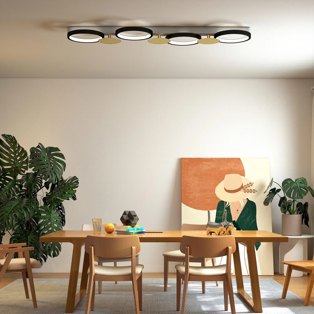 Pakabinamas šviestuvas HOMCOM LED lubinis šviestuvas, 38 W, 1500 LM, 3000 K–6500 K, svetainės lempa su 4 lemputėmis ir nuotolinio valdymo pulteliu, juoda ir auksinė spalva