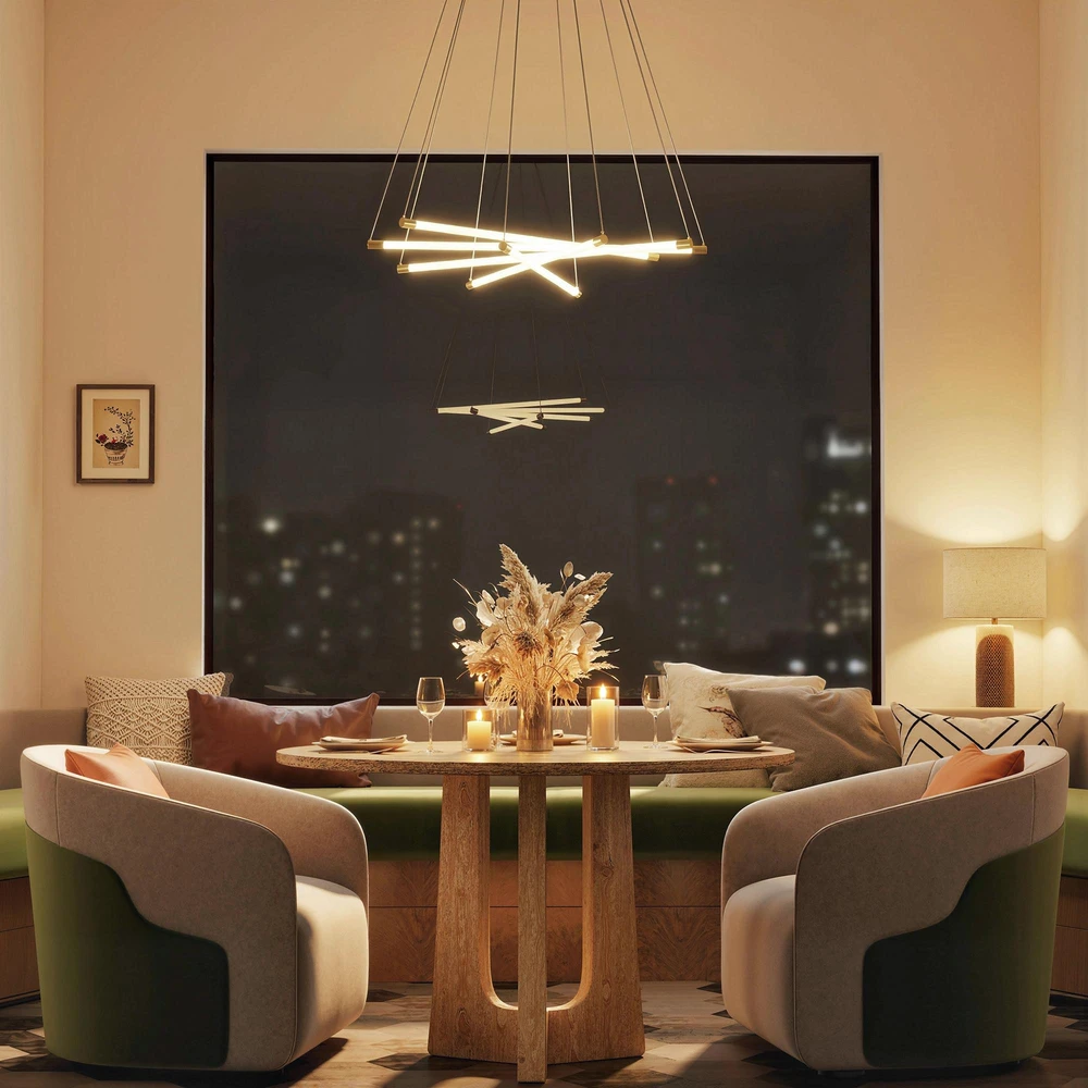 Pakabinamas šviestuvas HOMCOM LED lubinis šviestuvas, 50W, 5 reguliuojami šviesos vamzdžiai, reguliuojamas, lubinis šviestuvas svetainei, valgomajam, virtuvei, auksinė+balta