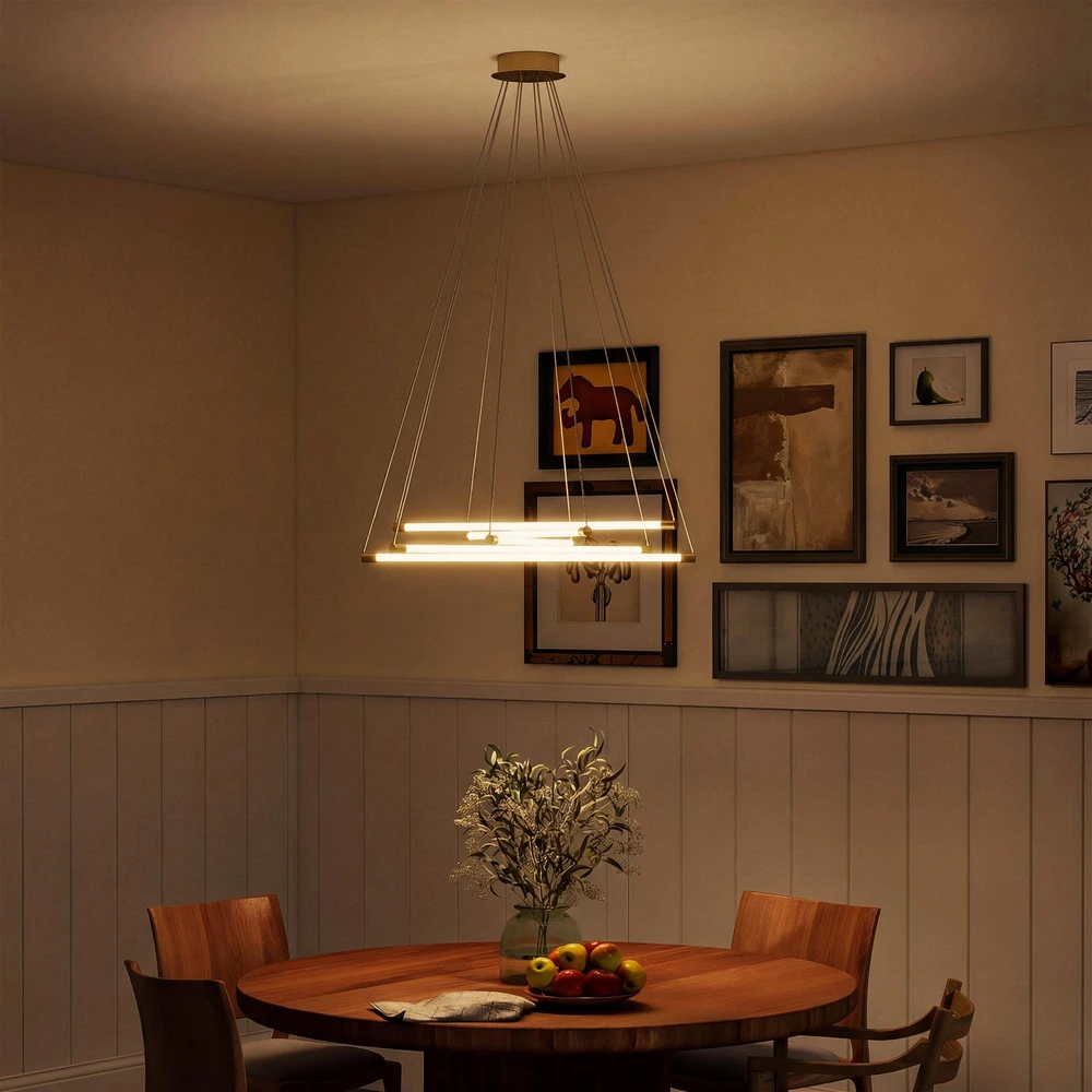 Pakabinamas šviestuvas HOMCOM LED lubinis šviestuvas, 50W, 5 reguliuojami šviesos vamzdžiai, reguliuojamas, lubinis šviestuvas svetainei, valgomajam, virtuvei, auksinė+balta