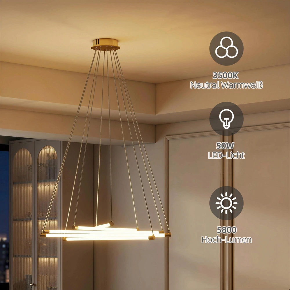 Pakabinamas šviestuvas HOMCOM LED lubinis šviestuvas, 50W, 5 reguliuojami šviesos vamzdžiai, reguliuojamas, lubinis šviestuvas svetainei, valgomajam, virtuvei, auksinė+balta