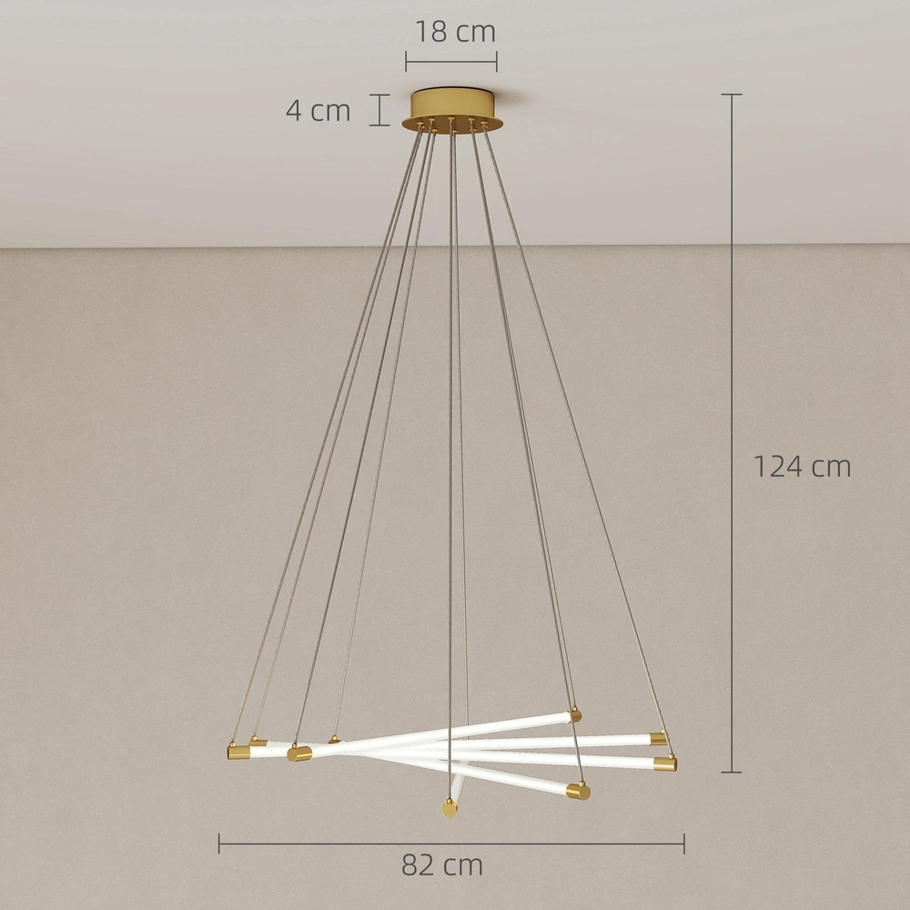 Pakabinamas šviestuvas HOMCOM LED lubinis šviestuvas, 50W, 5 reguliuojami šviesos vamzdžiai, reguliuojamas, lubinis šviestuvas svetainei, valgomajam, virtuvei, auksinė+balta
