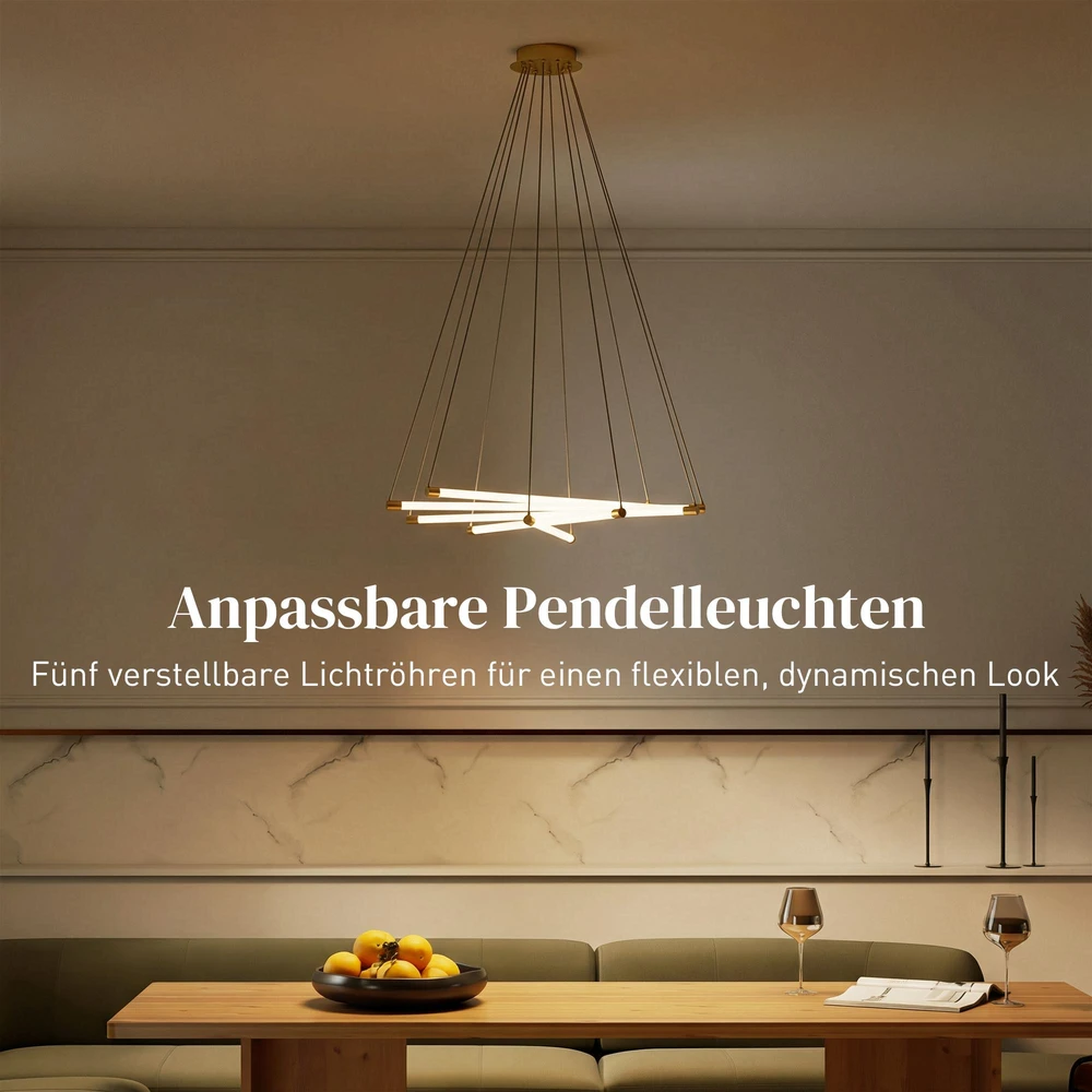 Pakabinamas šviestuvas HOMCOM LED lubinis šviestuvas, 50W, 5 reguliuojami šviesos vamzdžiai, reguliuojamas, lubinis šviestuvas svetainei, valgomajam, virtuvei, auksinė+balta
