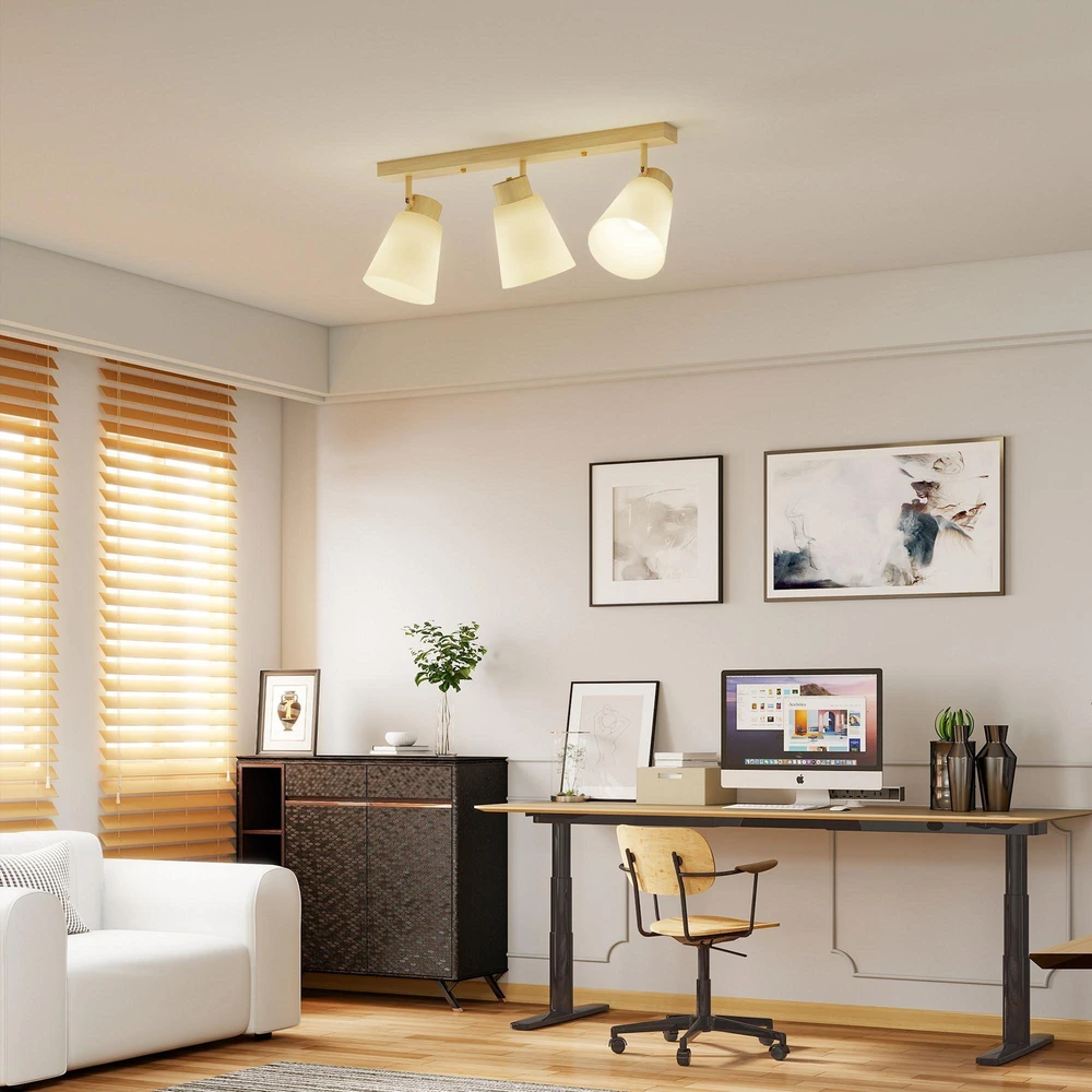 Pakabinamas šviestuvas HOMCOM LED lubinis šviestuvas 40W, su dvigubu montavimu ir 90° reguliojamomis galvutėmis, 3x E27 lizdai, natūrali mediena