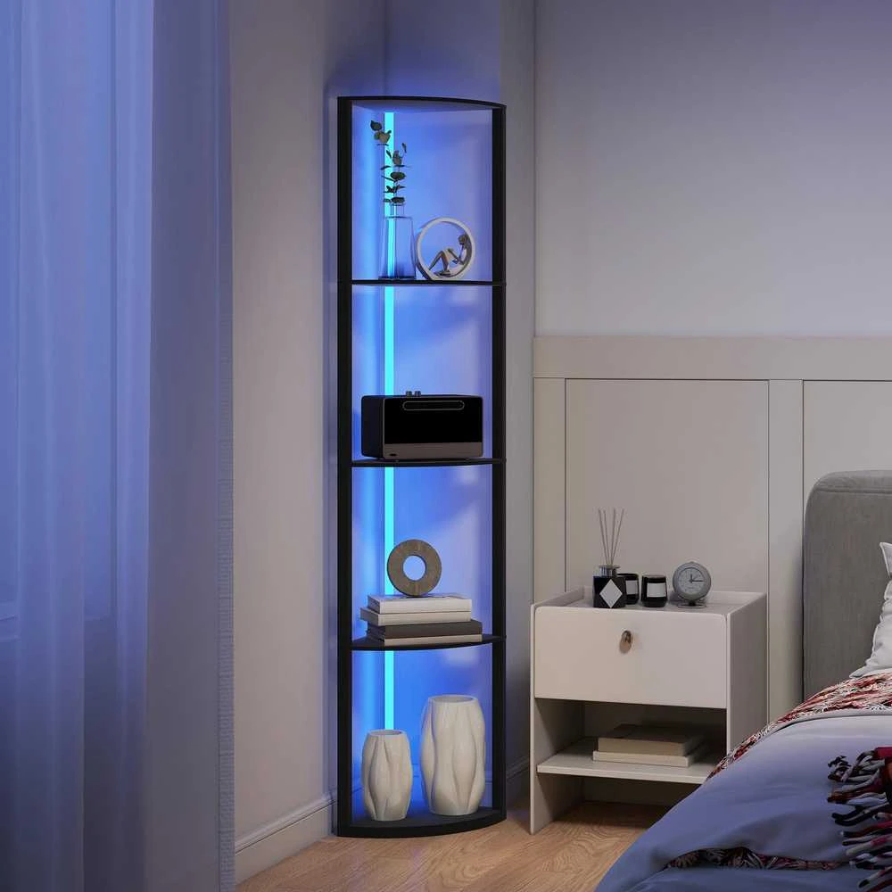 HOMCOM LED pastatomas šviestuvas, 5 lygių reguliuojamo ryškumo toršeras su lentynomis, RGB spalvų keitimas, nuotolinio valdymo pultas