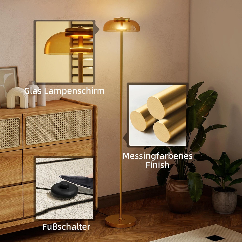 HOMCOM LED grindų lempa svetainei, pastatoma lempa su 3000 K šilta šviesa, kojinis jungiklis, 25 x 25 x 134 cm, žalvario spalva