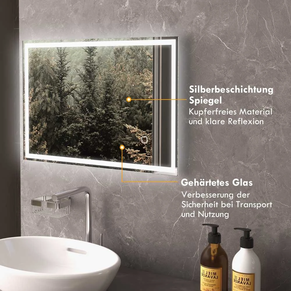 HOMCOM LED vonios veidrodis, sieninis veidrodis, 80x60 cm, nerasojantis, jutiklinis jungiklis, IP44