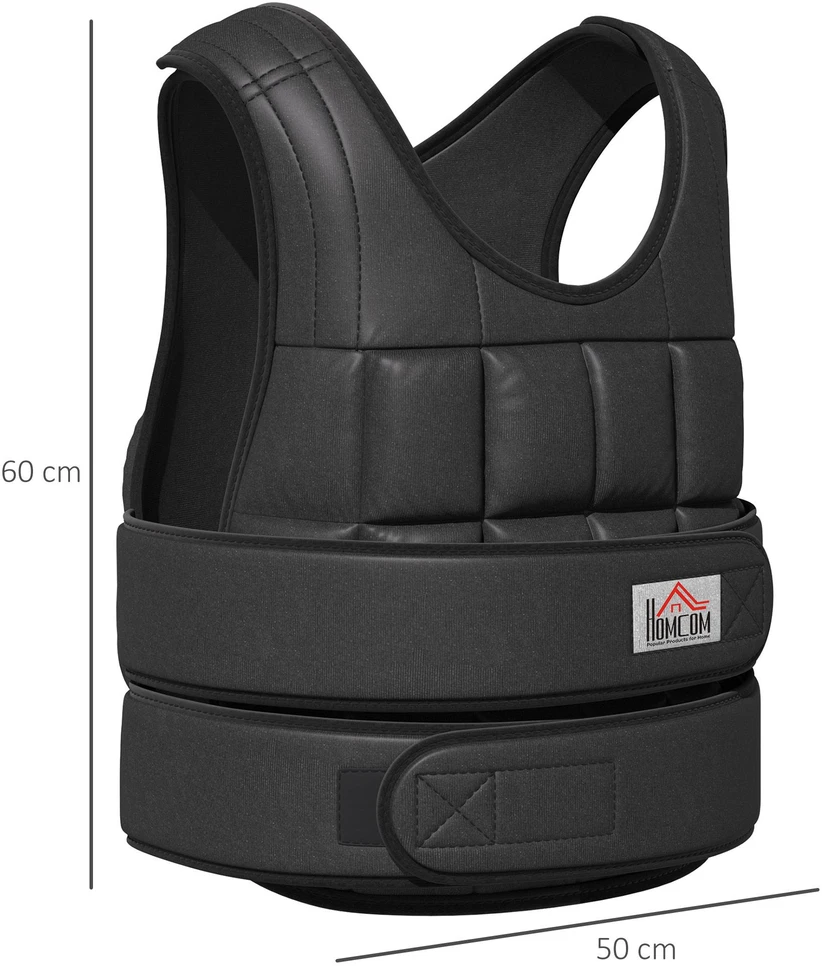 HOMCOM svorių liemenė 30 kg, treniruočių liemenė su 35 reguliuojamais svorio maišeliais, jėgos treniruotėms, Oksfordo audinys ir metalas, juoda, 60x50 cm