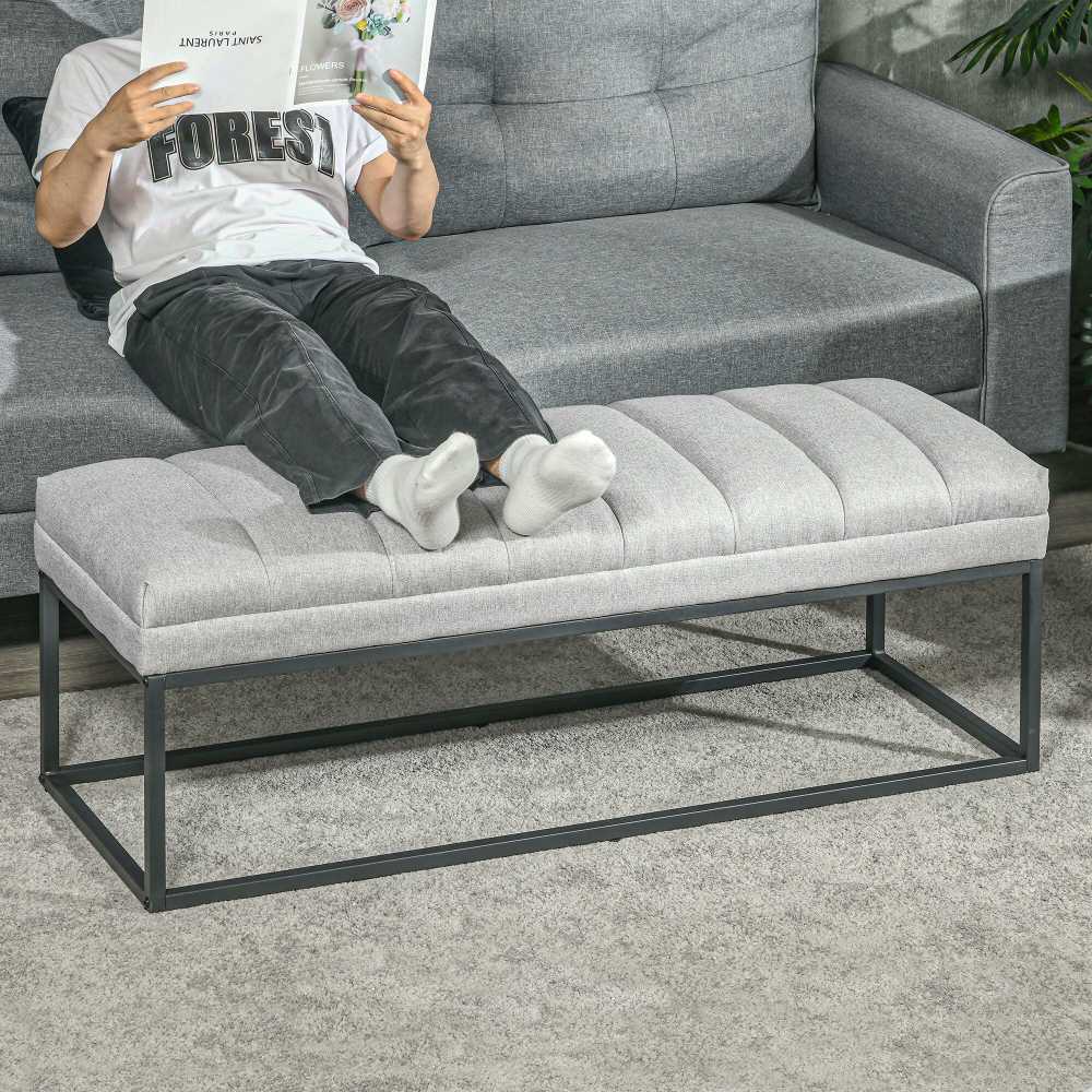 HOMCOM paminkštintas suoliukas su lino išvaizdos audiniu, skirtas miegamajam, koridoriui, iki 200 kg, plieninės kojelės, šviesiai pilkas, 120x44x45,5 cm