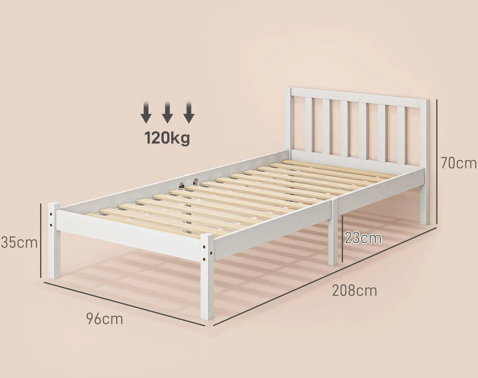 HOMCOM lovos rėmas, medinė lova su grotelėmis, 208 x 96 cm lovos rėmas su galvūgaliu, vienvietės lovos rėmas miegamajam, balta