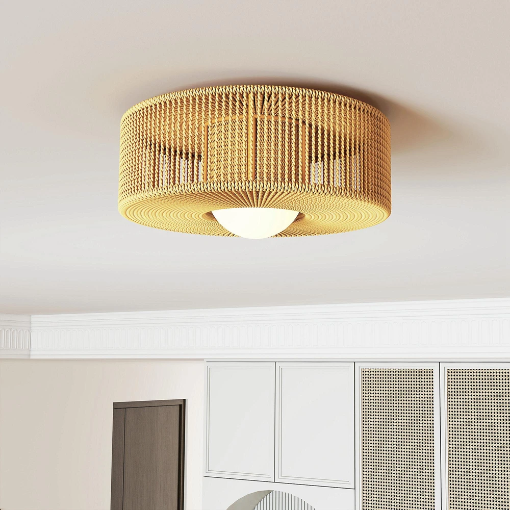 Pakabinamas šviestuvas HOMCOM lubinis šviestuvas, Boho stiliaus pakabinama lubinė lempa su G9 LED lizdu, apvalus gaubtas iš kanapių virvės