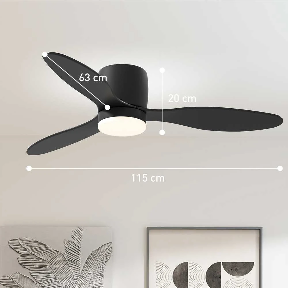 HOMCOM lubinis ventiliatorius su apšvietimu ir nuotolinio valdymo pulteliu, 115 cm, LED lempa su ventiliatoriumi, reversinis DC variklis, 3 sparnai, 3 šviesos spalvos, 6 greičiai, laikmatis, lubinis ventiliatorius miegamajam