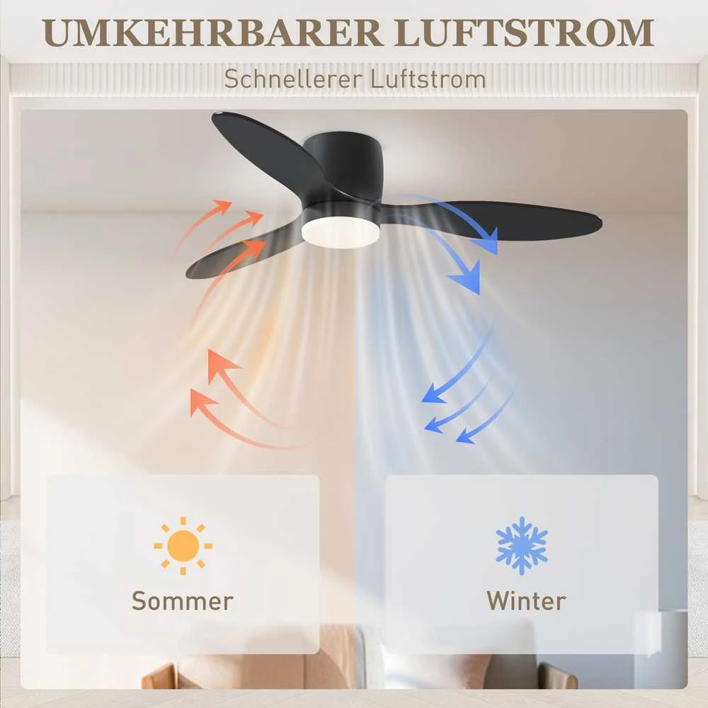 HOMCOM lubinis ventiliatorius su apšvietimu ir nuotolinio valdymo pulteliu, 115 cm, LED lempa su ventiliatoriumi, reversinis DC variklis, 3 sparnai, 3 šviesos spalvos, 6 greičiai, laikmatis, lubinis ventiliatorius miegamajam