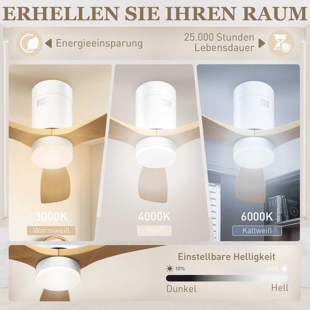 HOMCOM Lubų ventiliatorius su apšvietimu ir nuotoliniu valdymu 117 cm LED lempa su ventiliatoriumi, 3 sparnais, grįžtamuoju nuolatinės srovės varikliu, 3 šviesos spalvomis, 6 greičiais, laikmačiu miegamajam