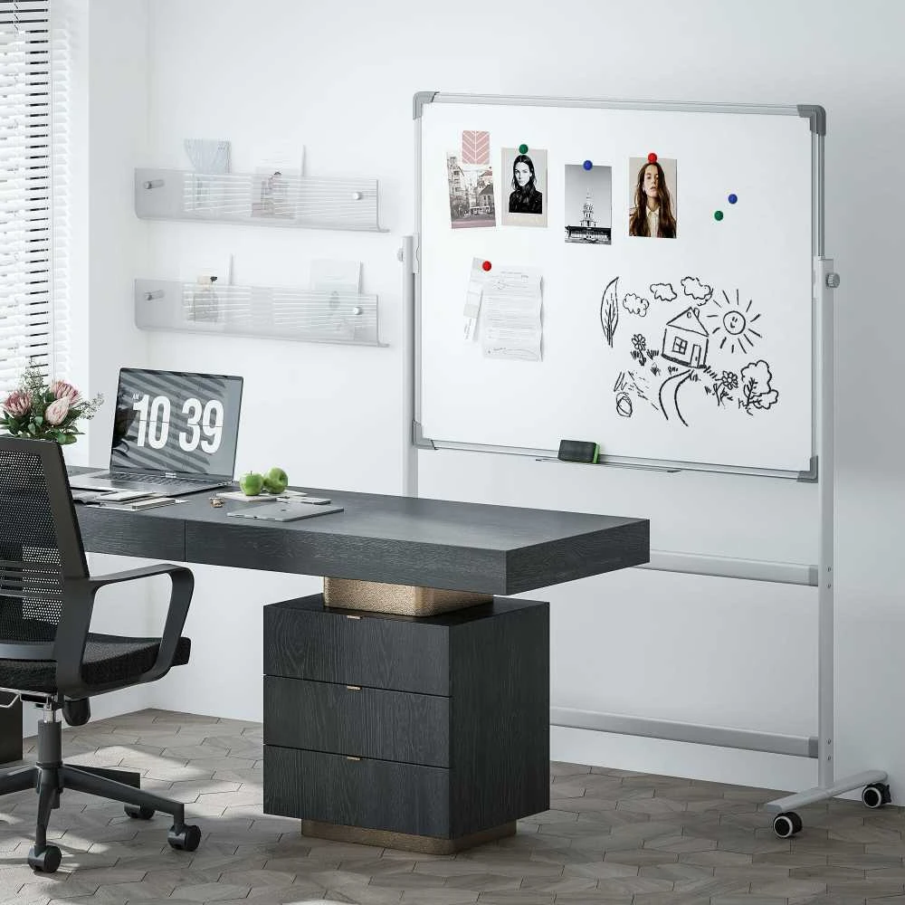 HOMCOM Magnetinė lenta 120 x 90 cm Dvipusė magnetinė lenta su stovu, ratukais, 6 žymekliais ir 1 trintuku, 360° pasukama, 3 pakopų reguliuojama magnetinė lenta biurui, namams