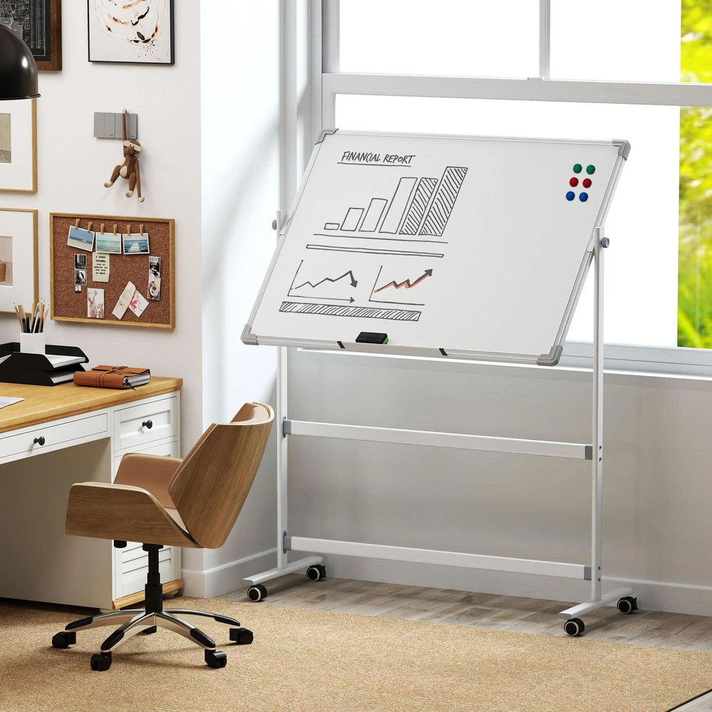 HOMCOM Magnetinė lenta 120 x 90 cm Dvipusė magnetinė lenta su stovu, ratukais, 6 žymekliais ir 1 trintuku, 360° pasukama, 3 pakopų reguliuojama magnetinė lenta biurui, namams