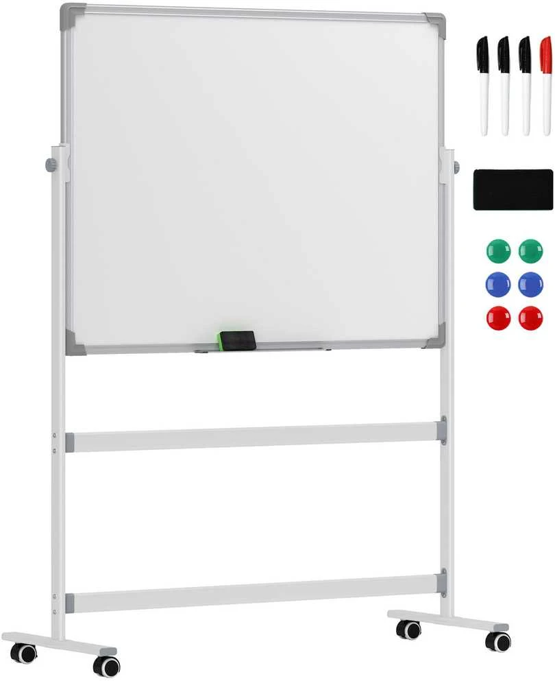 HOMCOM Magnetinė lenta 120 x 90 cm Dvipusė magnetinė lenta su stovu, ratukais, 6 žymekliais ir 1 trintuku, 360° pasukama, 3 pakopų reguliuojama magnetinė lenta biurui, namams