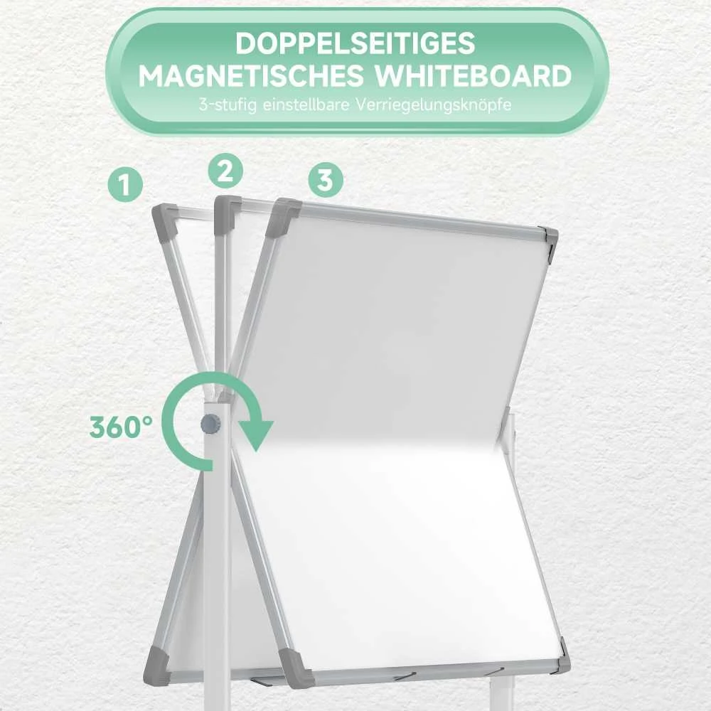 HOMCOM Magnetinė lenta 120 x 90 cm Dvipusė magnetinė lenta su stovu, ratukais, 6 žymekliais ir 1 trintuku, 360° pasukama, 3 pakopų reguliuojama magnetinė lenta biurui, namams