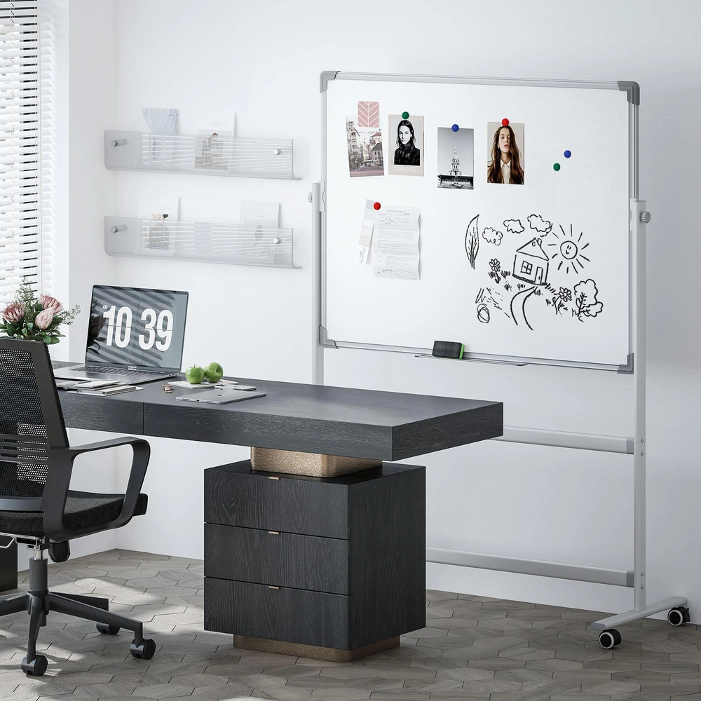 HOMCOM Magnetinė lenta 120 x 90 cm Dvipusė magnetinė lenta su stovu, ratukais, 6 žymekliais ir 1 trintuku, 360° pasukama, 3 pakopų reguliuojama magnetinė lenta biurui, namams