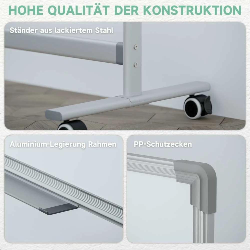 HOMCOM Magnetinė lenta 120 x 90 cm Dvipusė magnetinė lenta su stovu, ratukais, 6 žymekliais ir 1 trintuku, 360° pasukama, 3 pakopų reguliuojama magnetinė lenta biurui, namams