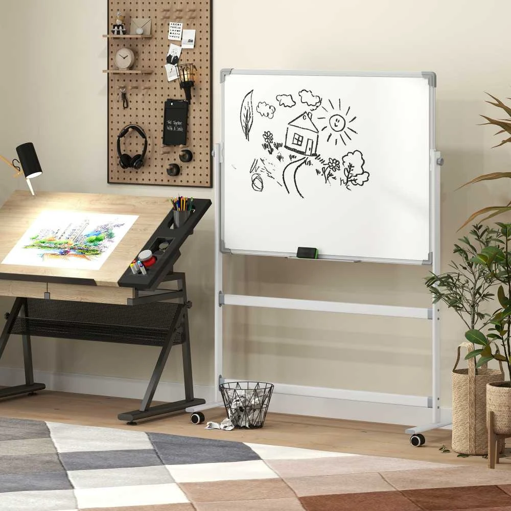 HOMCOM Magnetinė lenta 120 x 90 cm Dvipusė magnetinė lenta su stovu, ratukais, 6 žymekliais ir 1 trintuku, 360° pasukama, 3 pakopų reguliuojama magnetinė lenta biurui, namams