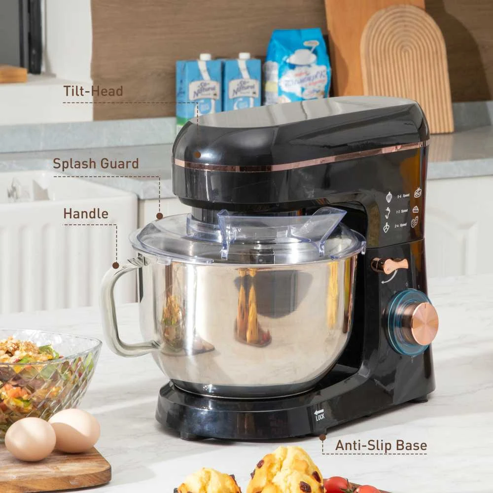 HOMCOM virtuvinis kombainas, 5,5 l nerūdijančio plieno dubuo, 1400 W, 6+P greičio režimai, tešlos maišyklė su plakikliu, tešlos kabliu, šluotele, apsauga nuo tiškalų, grandikliu ir kiaušinių separatoriumi, juodas