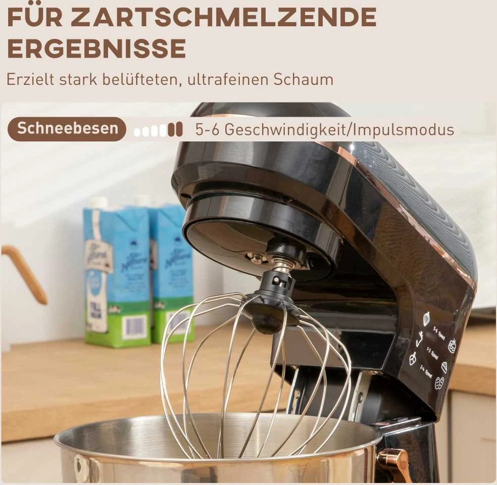HOMCOM virtuvinis kombainas, 5,5 l nerūdijančio plieno dubuo, 1400 W, 6+P greičio režimai, tešlos maišyklė su plakikliu, tešlos kabliu, šluotele, apsauga nuo tiškalų, grandikliu ir kiaušinių separatoriumi, juodas