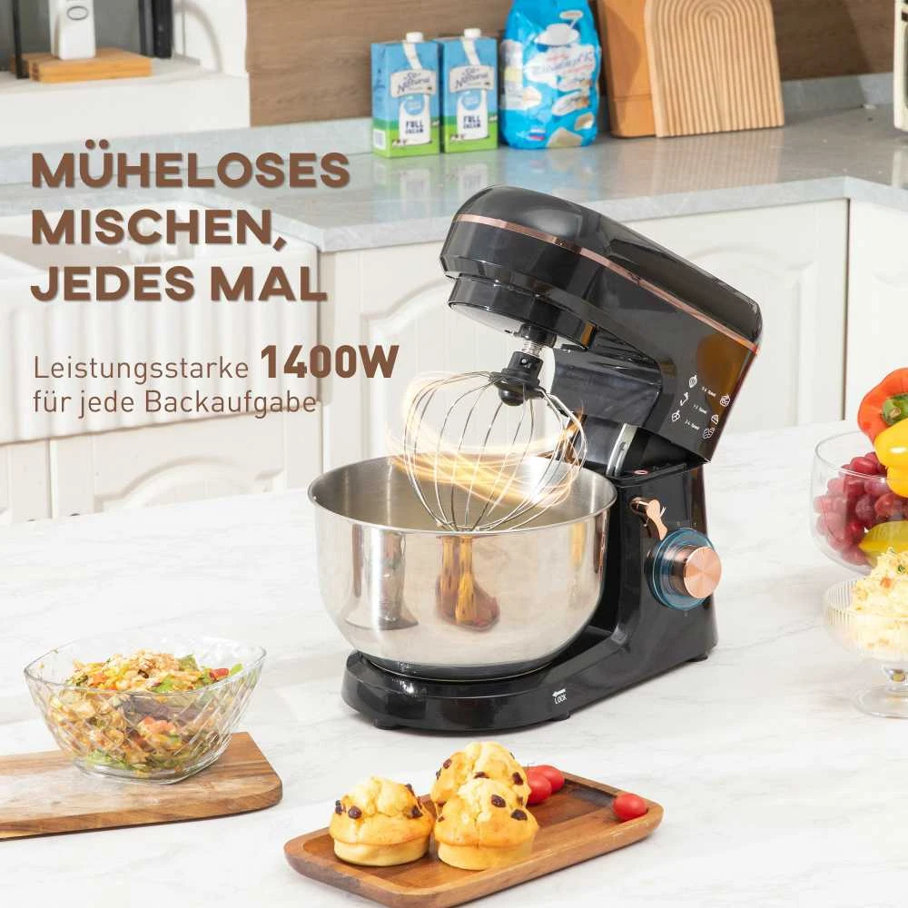 HOMCOM virtuvinis kombainas, 5,5 l nerūdijančio plieno dubuo, 1400 W, 6+P greičio režimai, tešlos maišyklė su plakikliu, tešlos kabliu, šluotele, apsauga nuo tiškalų, grandikliu ir kiaušinių separatoriumi, juodas