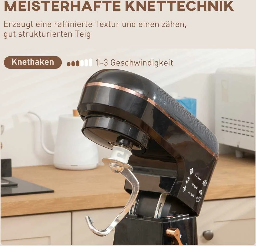 HOMCOM virtuvinis kombainas, 5,5 l nerūdijančio plieno dubuo, 1400 W, 6+P greičio režimai, tešlos maišyklė su plakikliu, tešlos kabliu, šluotele, apsauga nuo tiškalų, grandikliu ir kiaušinių separatoriumi, juodas