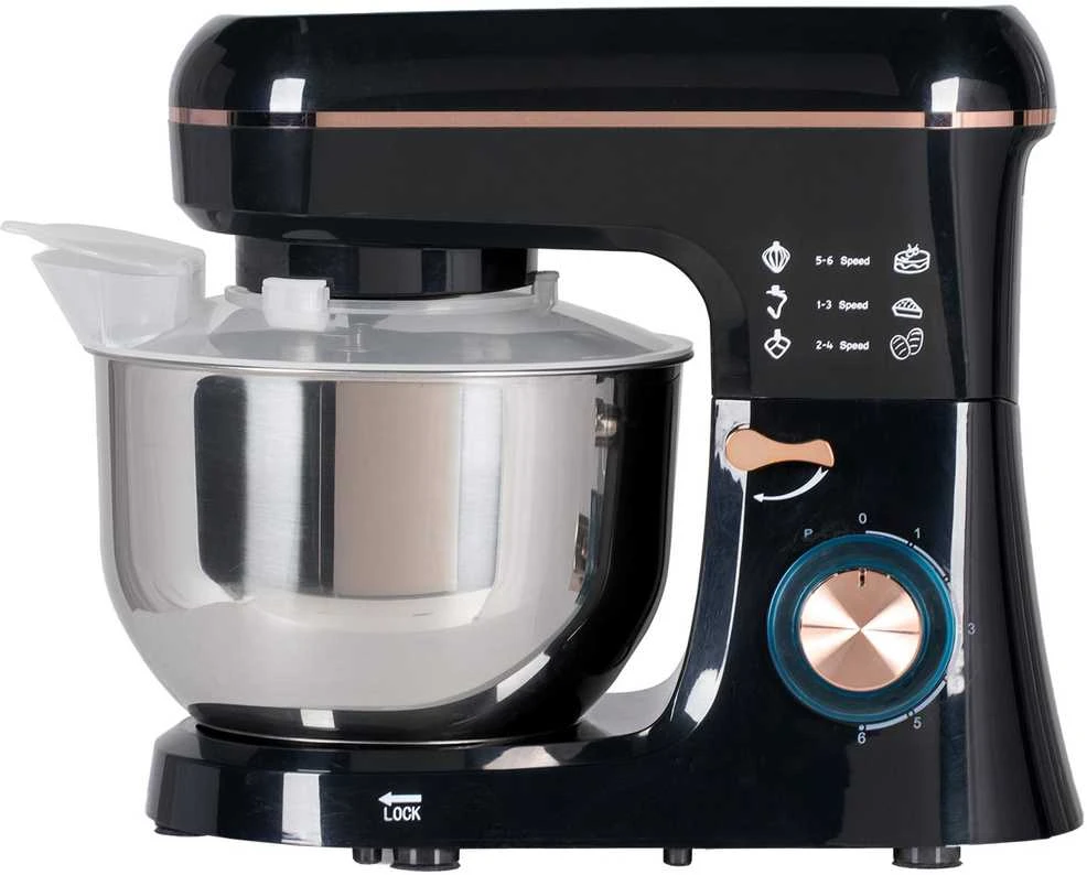 HOMCOM virtuvinis kombainas, 5,5 l nerūdijančio plieno dubuo, 1400 W, 6+P greičio režimai, tešlos maišyklė su plakikliu, tešlos kabliu, šluotele, apsauga nuo tiškalų, grandikliu ir kiaušinių separatoriumi, juodas