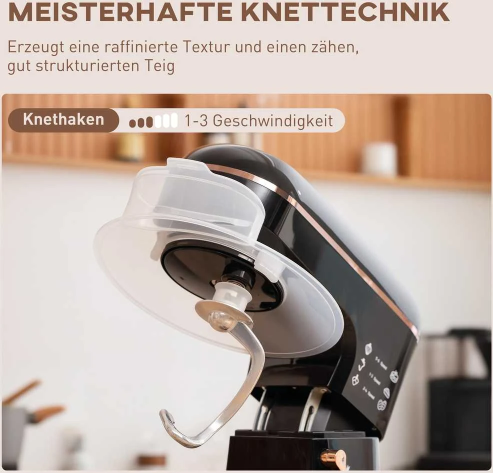 HOMCOM virtuvinis kombainas, 5,5 l nerūdijančio plieno dubuo, 1400 W, 6+P greičio režimai, tešlos maišyklė su plakikliu, tešlos kabliu, šluotele, apsauga nuo tiškalų, grandikliu ir kiaušinių separatoriumi, juodas