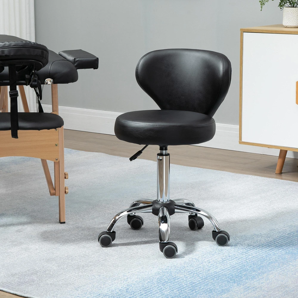 HOMCOM masažinė kėdė su ratukais – pasukama 360° darbo kėdė – reguliuojamo aukščio sėdynė 49-64 cm, ergonomiškas atlošas – chromuotas metalas, aptraukta juoda dirbtine oda