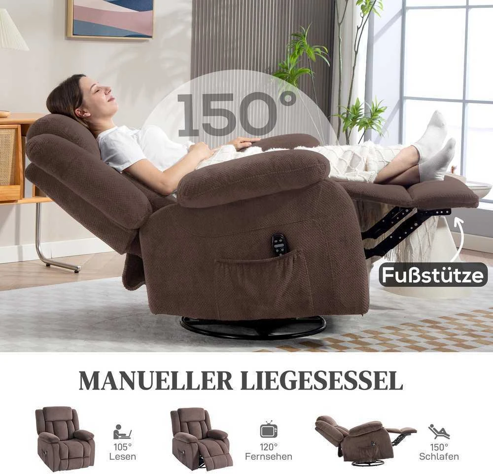 HOMCOM Masažinis fotelis, 8 vibracijos taškai, 5 režimai, juosmens šildymas, reguliuojamas, sukamasis, minkštas fotelis, rudas