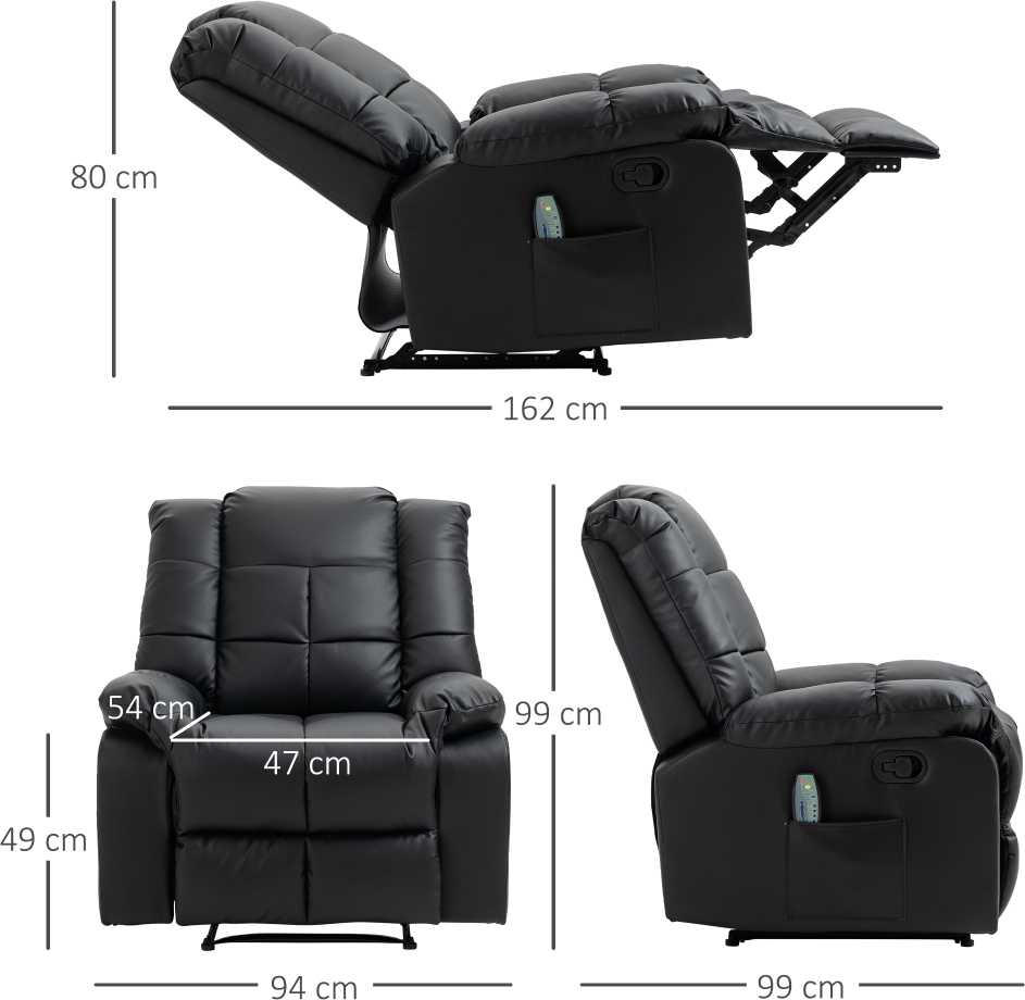 Fotelis HOMCOM masažinis krėslas televizoriaus krėslas elektrinis relaksacinis krėslas su masažo funkcija dirbtinė oda medis plienas porolonas juodas 94 x 99 x 99 cm