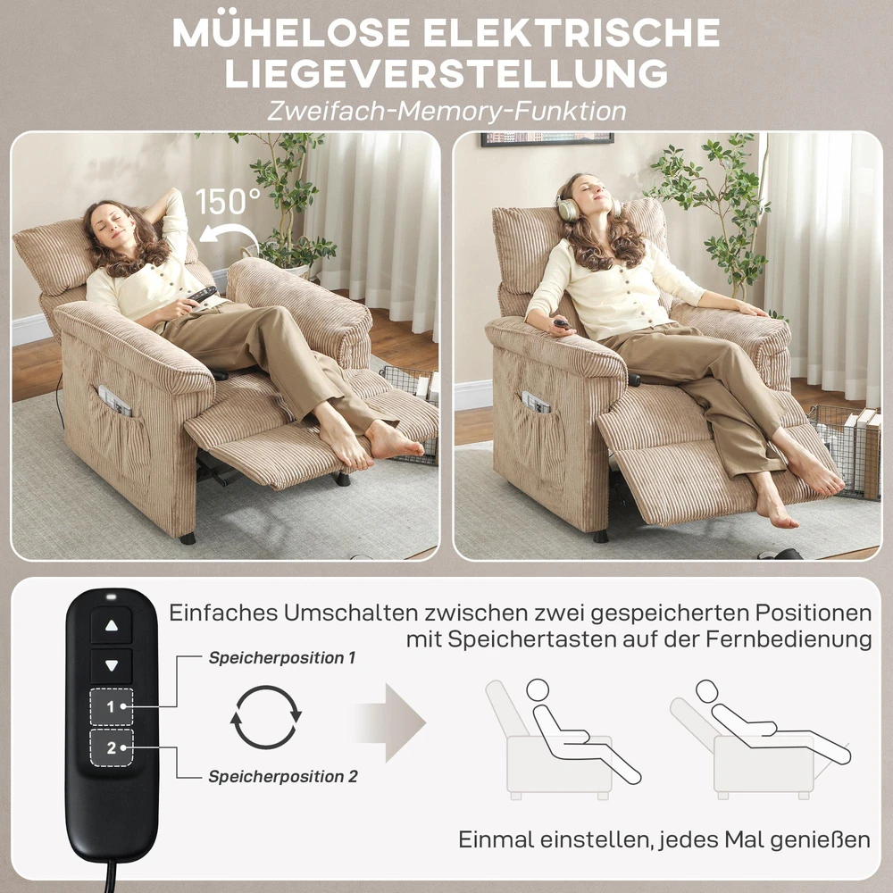 Fotelis HOMCOM masažinis krėslas su vibracijos režimais, šildymo funkcija, tyliu varikliu, atminties funkcija, plienas, audinio danga, rudas