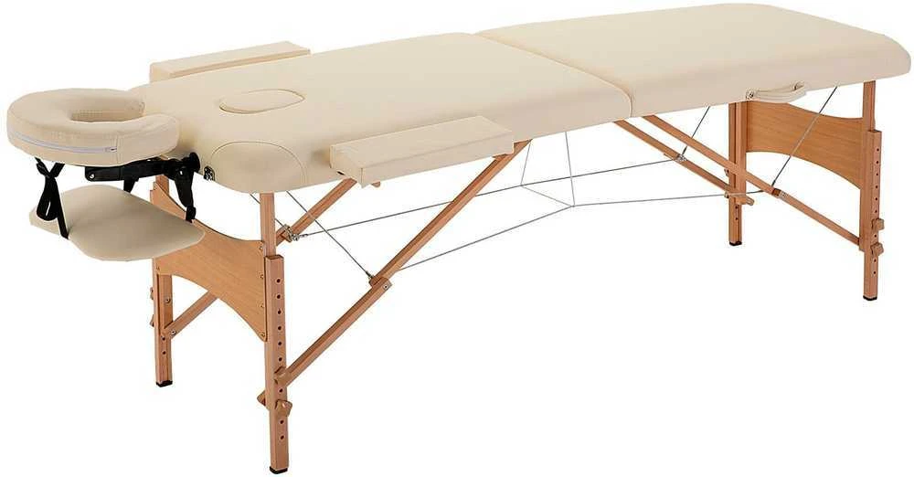 HOMCOM masažinis stalas, sulankstoma masažinė lova, reguliuojamo aukščio masažo gultas, masažo lova su galvos atrama, SPA, salonui, dirbtinė oda, medis, kreminė spalva