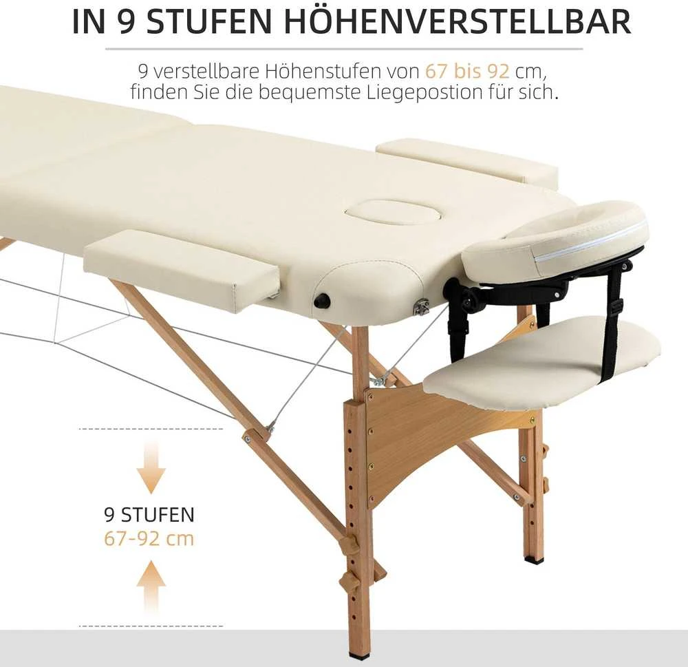 HOMCOM masažinis stalas, sulankstoma masažinė lova, reguliuojamo aukščio masažo gultas, masažo lova su galvos atrama, SPA, salonui, dirbtinė oda, medis, kreminė spalva