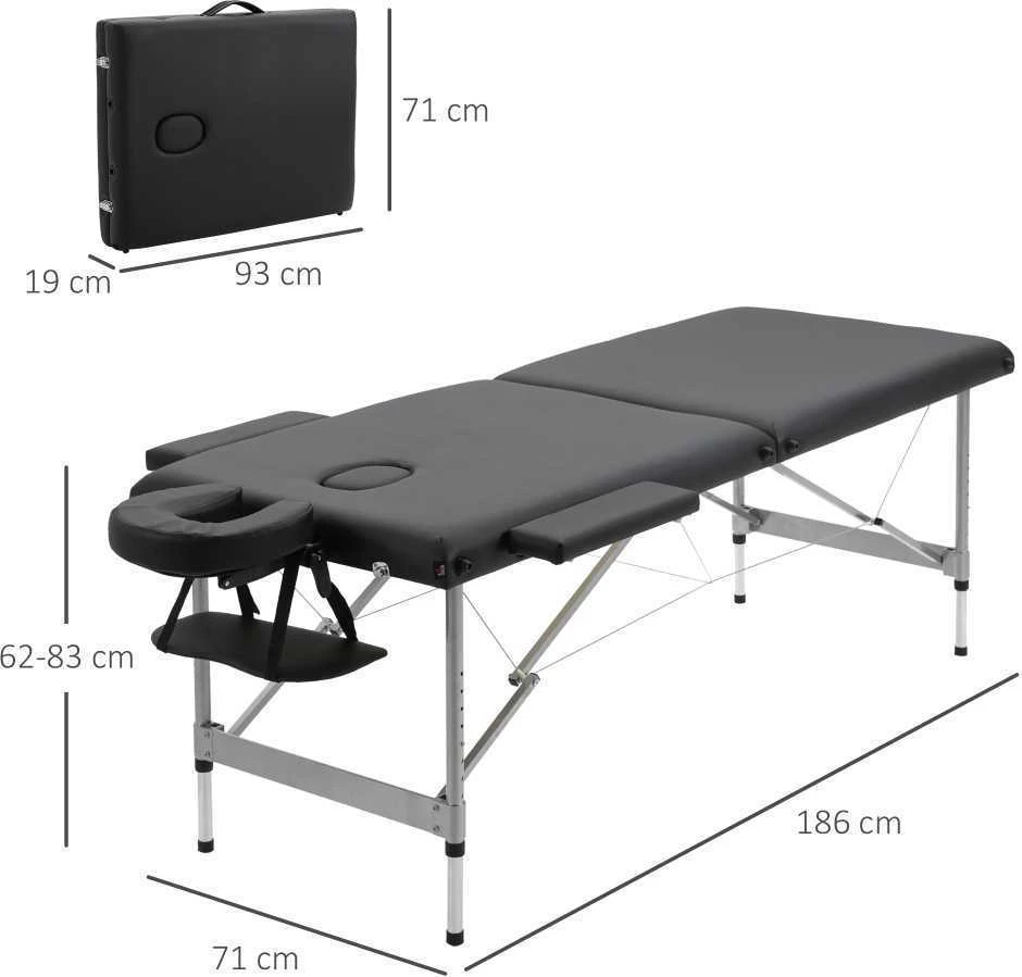 Sulankstoma masažo lova HOMCOM, profesionalus 7 zonų masažo stalas, reguliuojamo aukščio, išlaikantis iki 130 kg svorį, idealiai tinka SPA ir salonams, juoda